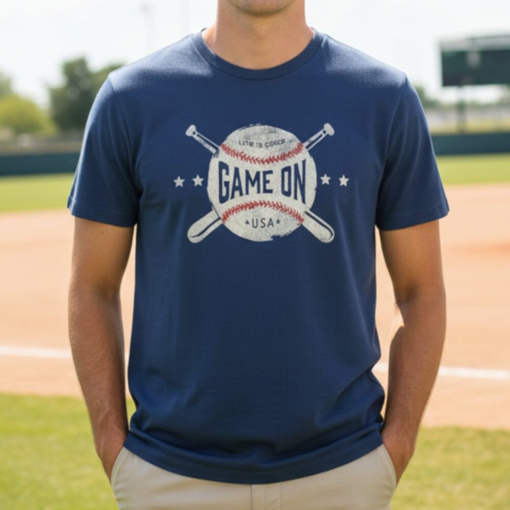 Life is Good Baseball Shirt Men's Medium Blue Game On Short Sleeve Crusher Tee